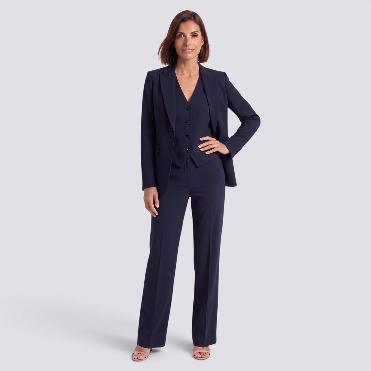 Conjunto traje mujer de tres piezas en azul marino con blazer, chaleco y pantalón ancho, vista frontal