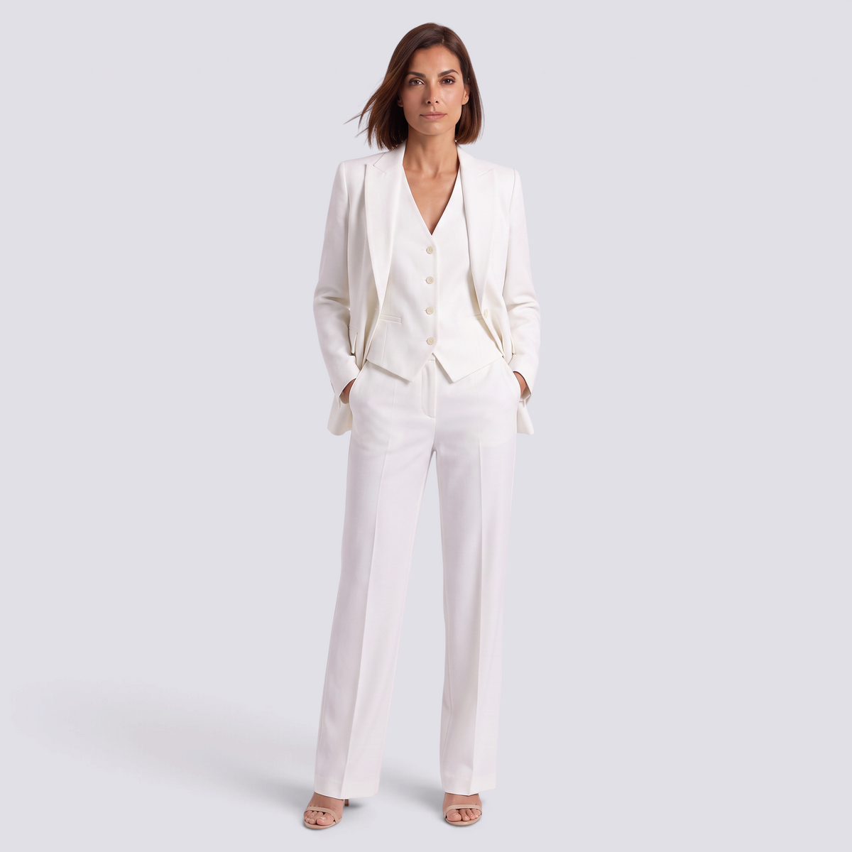 Conjunto traje mujer de tres piezas en blanco con blazer, chaleco y pantalón ancho, vista frontal