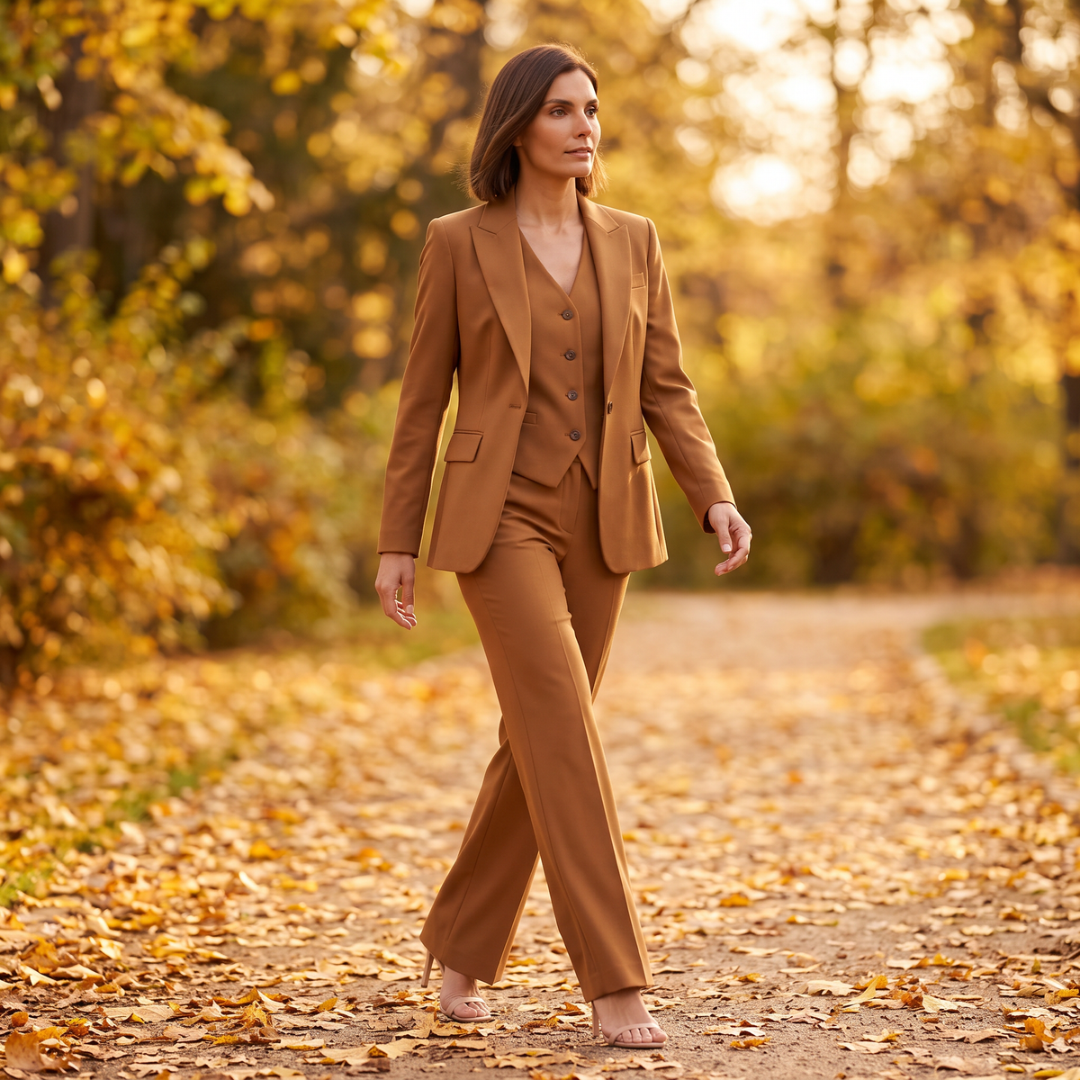 Mujer paseando en otoño con un traje de tres piezas camel con blazer, chaleco y pantalón ancho