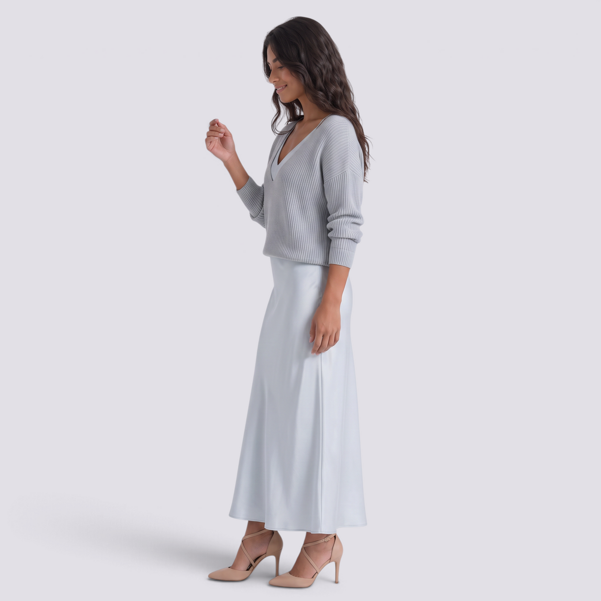 Conjunto vestido lencero satinado y jersey mujer en celeste, vista lateral