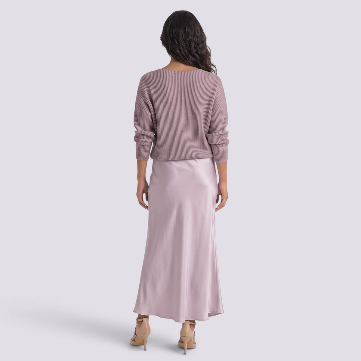 Conjunto vestido lencero satinado y jersey mujer en lila, vista trasera