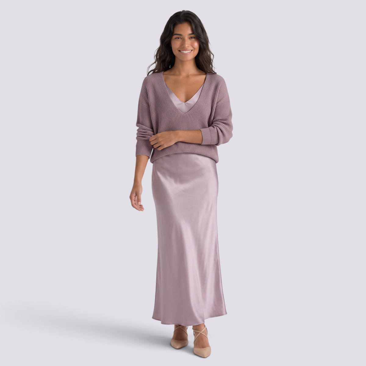 Conjunto vestido lencero satinado y jersey mujer en lila, vista frontal