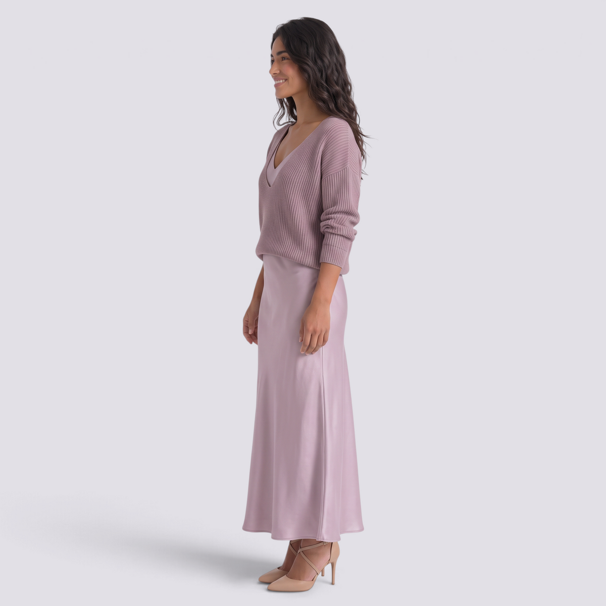 Conjunto vestido lencero satinado y jersey mujer en lila, vista lateral