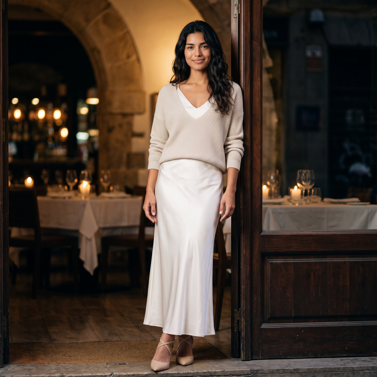 Conjunto vestido lencero satinado y jersey mujer en marfil, look en la entrada de un restaurante