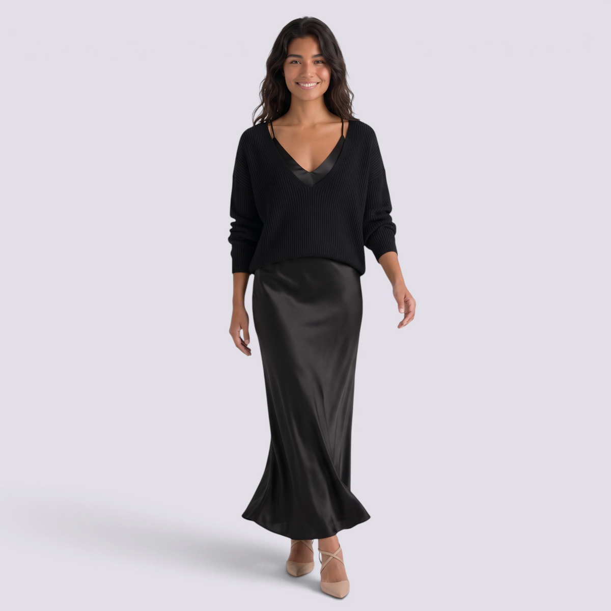Conjunto vestido lencero satinado y jersey mujer en negro, vista frontal