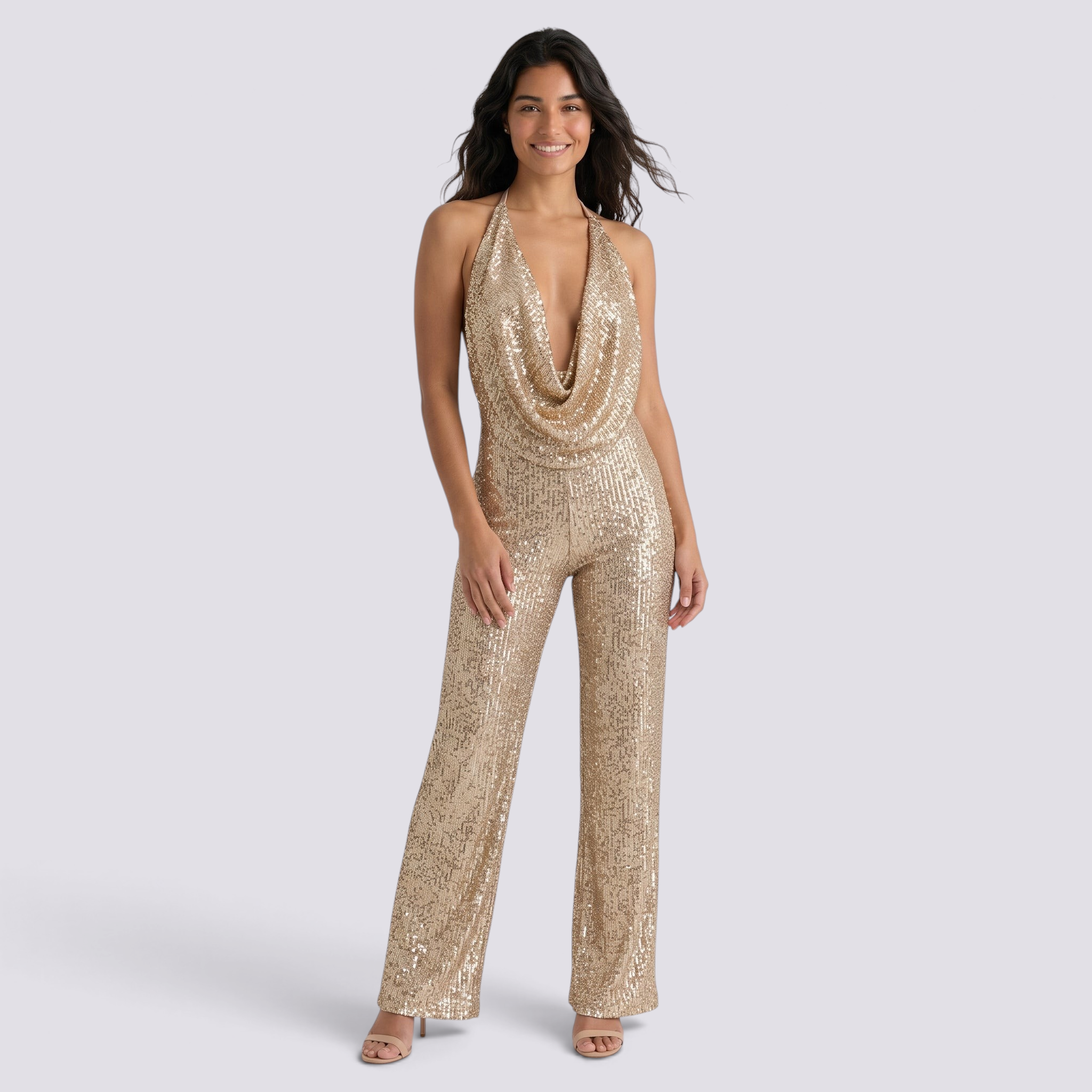 Mono Fiesta Lentejuelas Mujer Escote Halter - Dorado, vista frontal