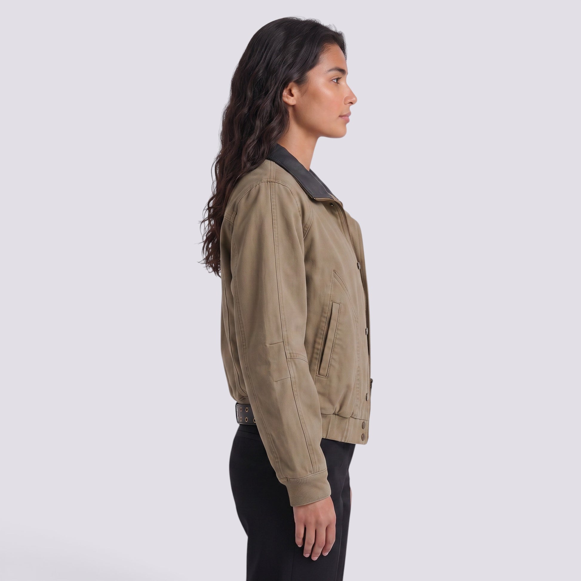 Essyro women's beige bicolor jacket with a black faux leather collar, shown from the side on a model.