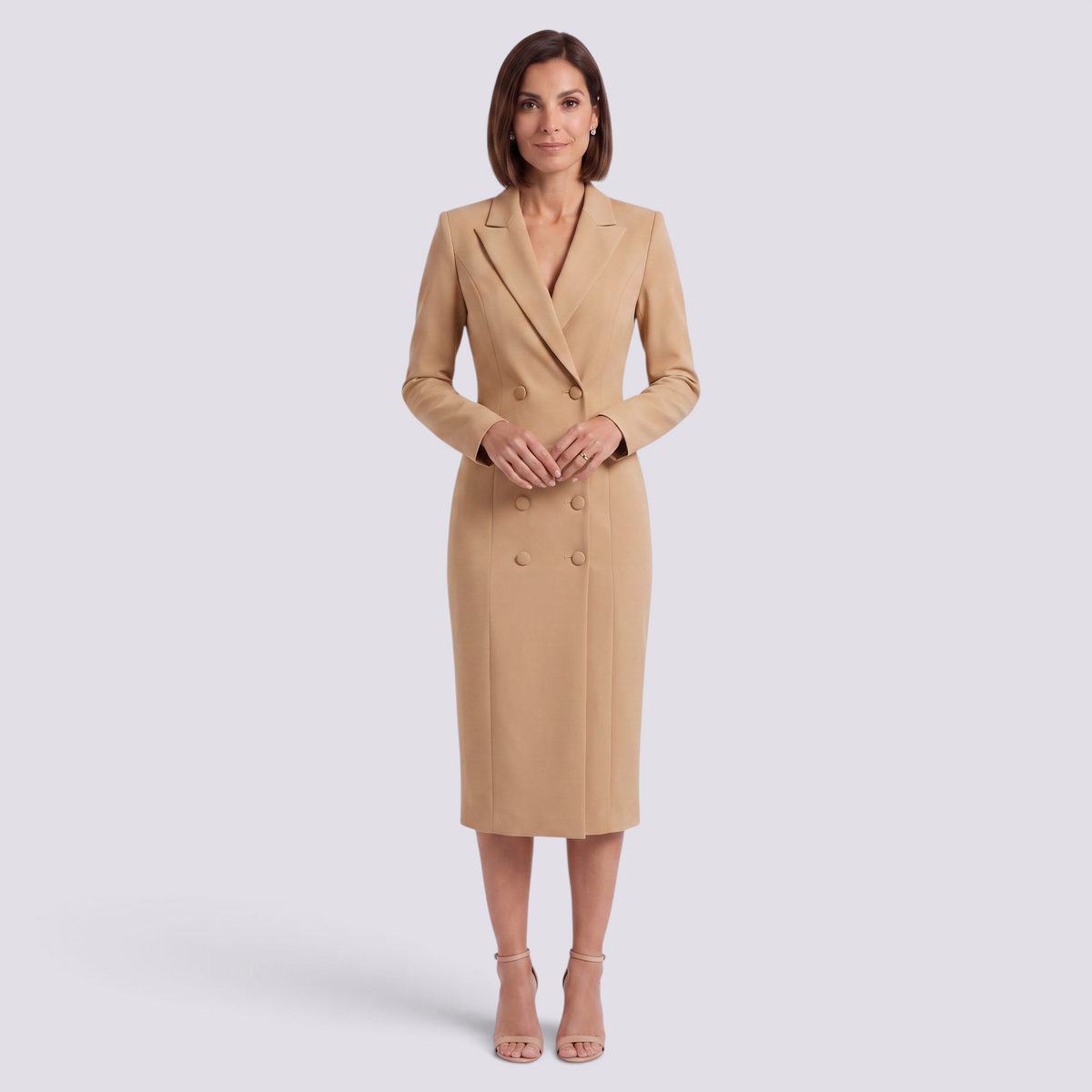 Essyro beige double-breasted blazer dress with structured lapels and fitted silhouette worn by a woman