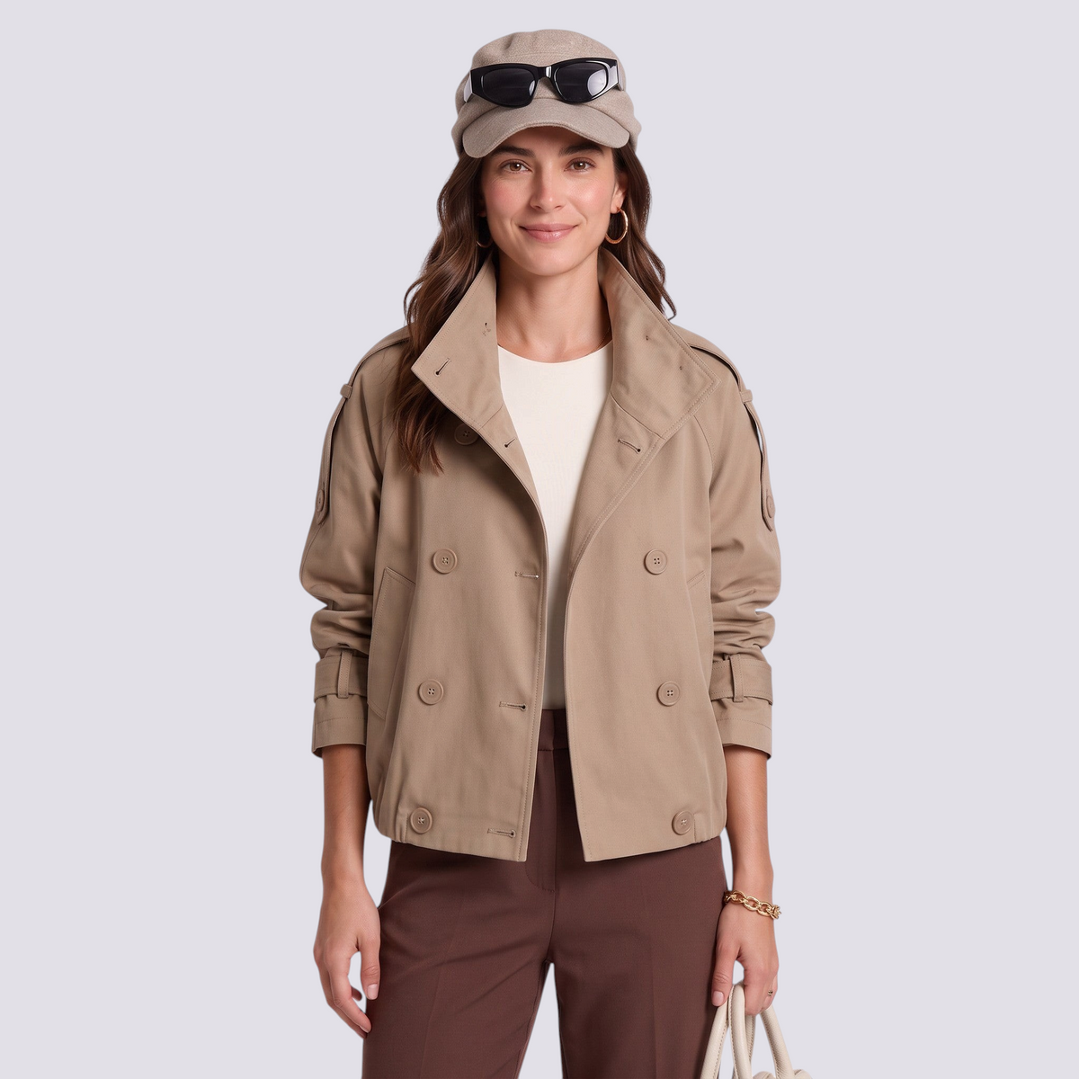 Essyro beige double-breasted cropped trench jacket worn by a woman with a cap and sunglasses