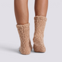 Essyro women's beige fluffy winter socks with non-slip soles and cute dog-inspired design for cozy home comfort