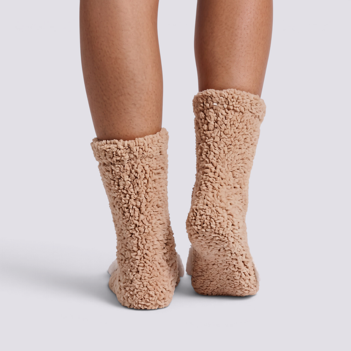 Essyro women's beige fluffy winter socks with non-slip soles and cute dog-inspired design for cozy home comfort