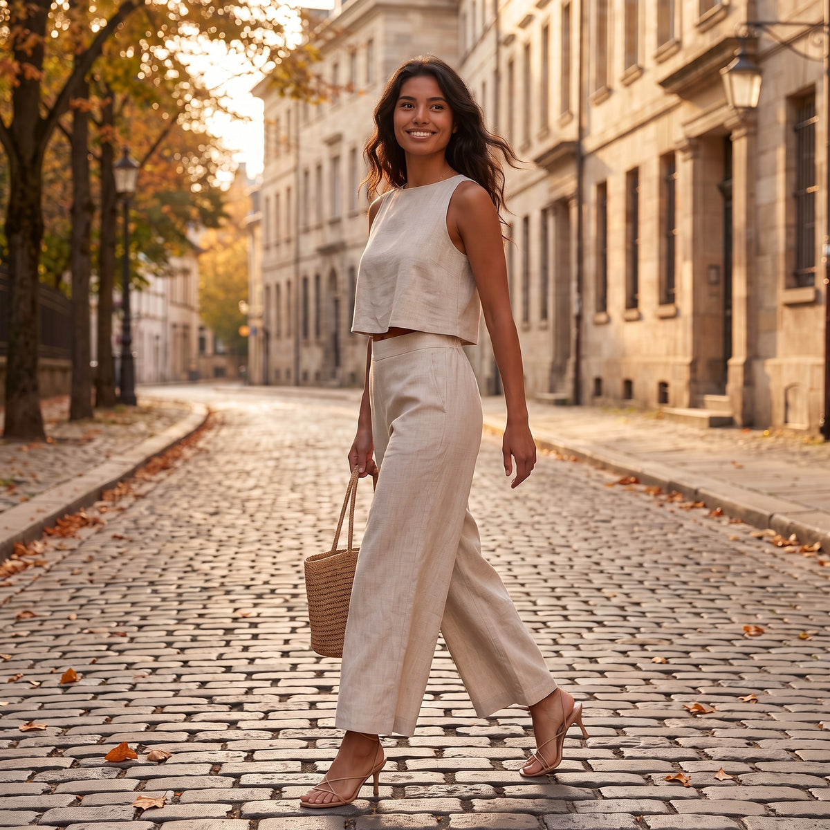 Essyro beige sleeveless crop top and wide-leg trousers set worn by a smiling woman on a cobblestone street.