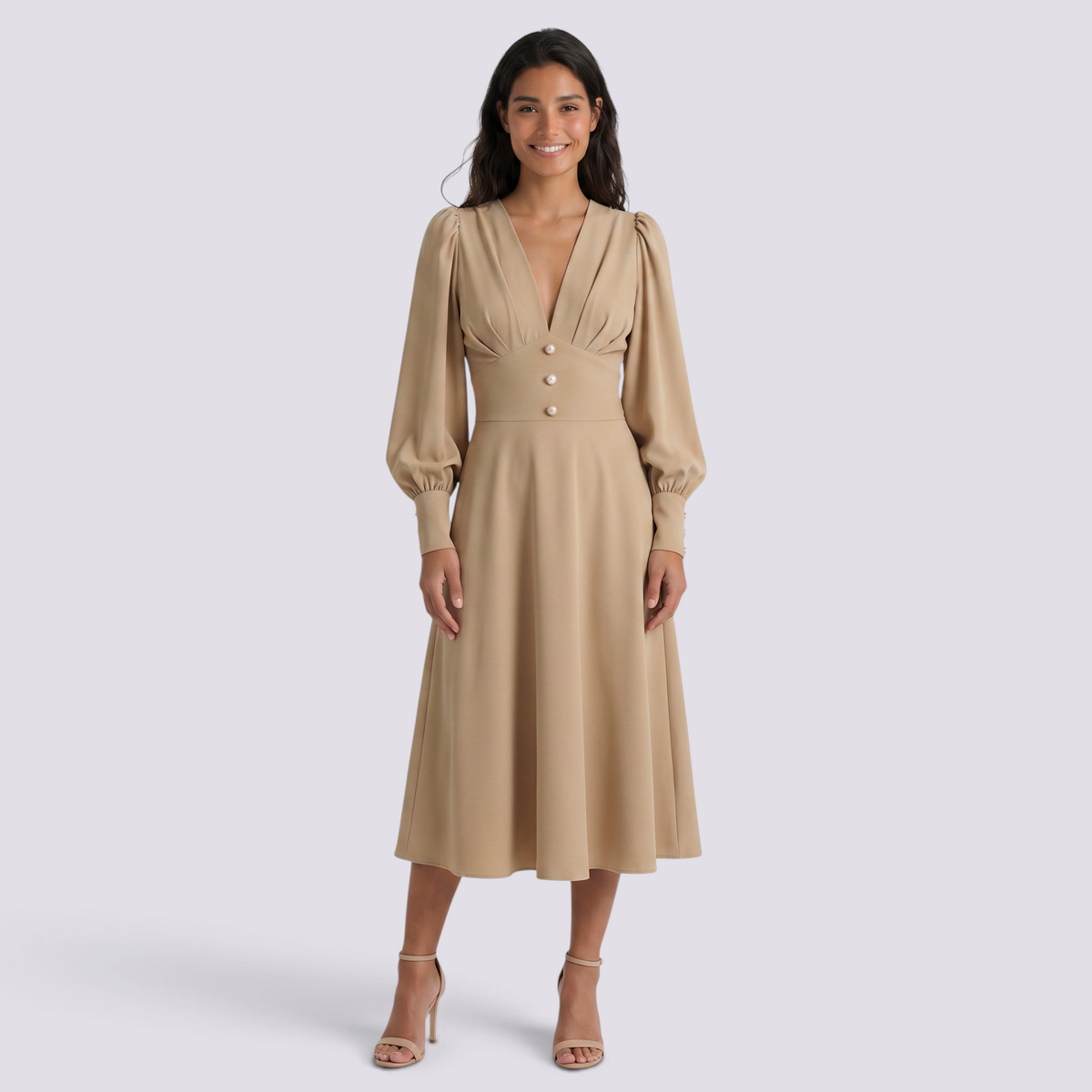 Essyro beige midi dress with V-neck, puff sleeves, and buttoned waist detail worn by a smiling model