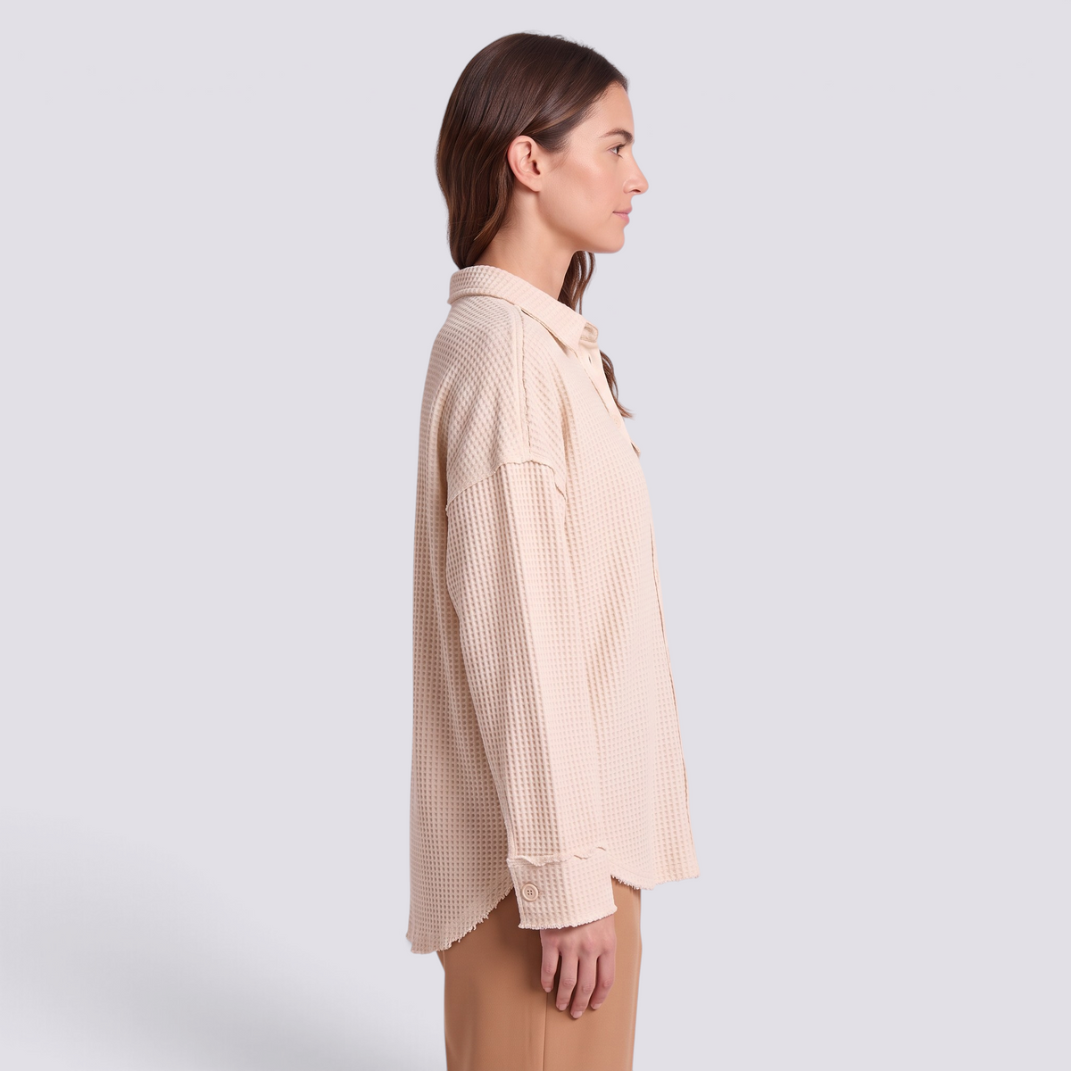 Essyro long-sleeve beige waffle-knit shirt jacket with a classic collar and button-down front on a model