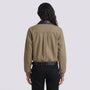Back view of an Essyro bicolor jacket in olive green with a black faux leather collar, worn with black trousers.