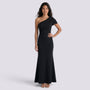 Essyro black floor-length mermaid gown with an asymmetric one-shoulder neckline and draped sleeve detail.