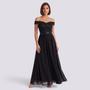Essyro elegant black floor-length gown with a bardot neckline, lace bodice, and a flowing A-line chiffon skirt.