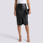 Essyro high-waisted black faux leather pencil skirt with a front slit, worn by a model with nude heels.