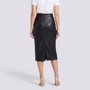 Essyro high-waisted black faux leather pencil skirt with a back slit, viewed from behind on a model.