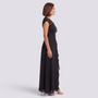 Essyro black A-line maxi dress with delicate lace bodice, high waist, and flowing skirt, side view on a model