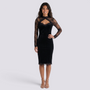 Essyro black midi tube dress with lace sleeves, high neck, diamond cutout, and scalloped hem on a smiling model