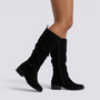 Essyro black knee-high boots with a slouchy suede-effect finish, low block heel, and decorative ankle strap.