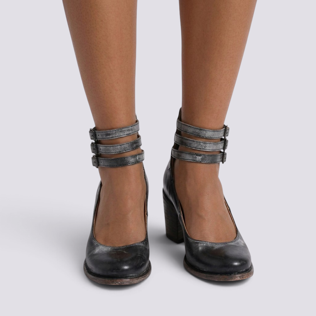 Essyro round-toe block heel pumps in black snake-effect leather with triple adjustable ankle buckle straps