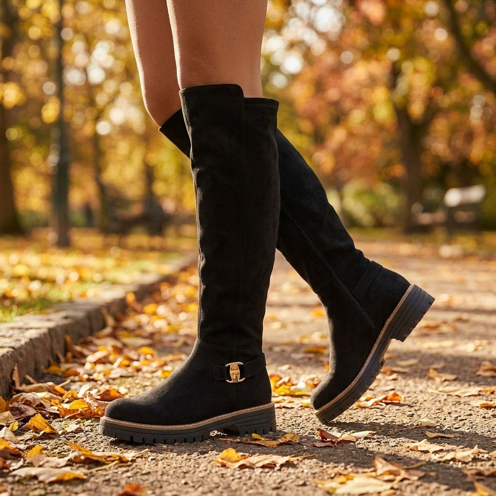 Essyro black suede knee-high boots with gold buckle detail and chunky track sole worn in an autumn park setting