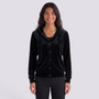 Essyro black velvet hooded cardigan with front buttons worn by a smiling woman against a white background