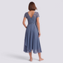 Essyro midi dress in dusty blue with a V-neck back, intricate lace detailing, and a flowing chiffon skirt.
