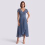 Essyro blue midi dress with V-neck and delicate lace bodice details worn by a model on a neutral background