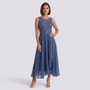 Essyro blue midi dress with lace bodice, V-neckline, and flowing chiffon skirt worn by a model.