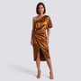 Essyro bronze satin one-shoulder midi party dress with an asymmetrical draped skirt on a model