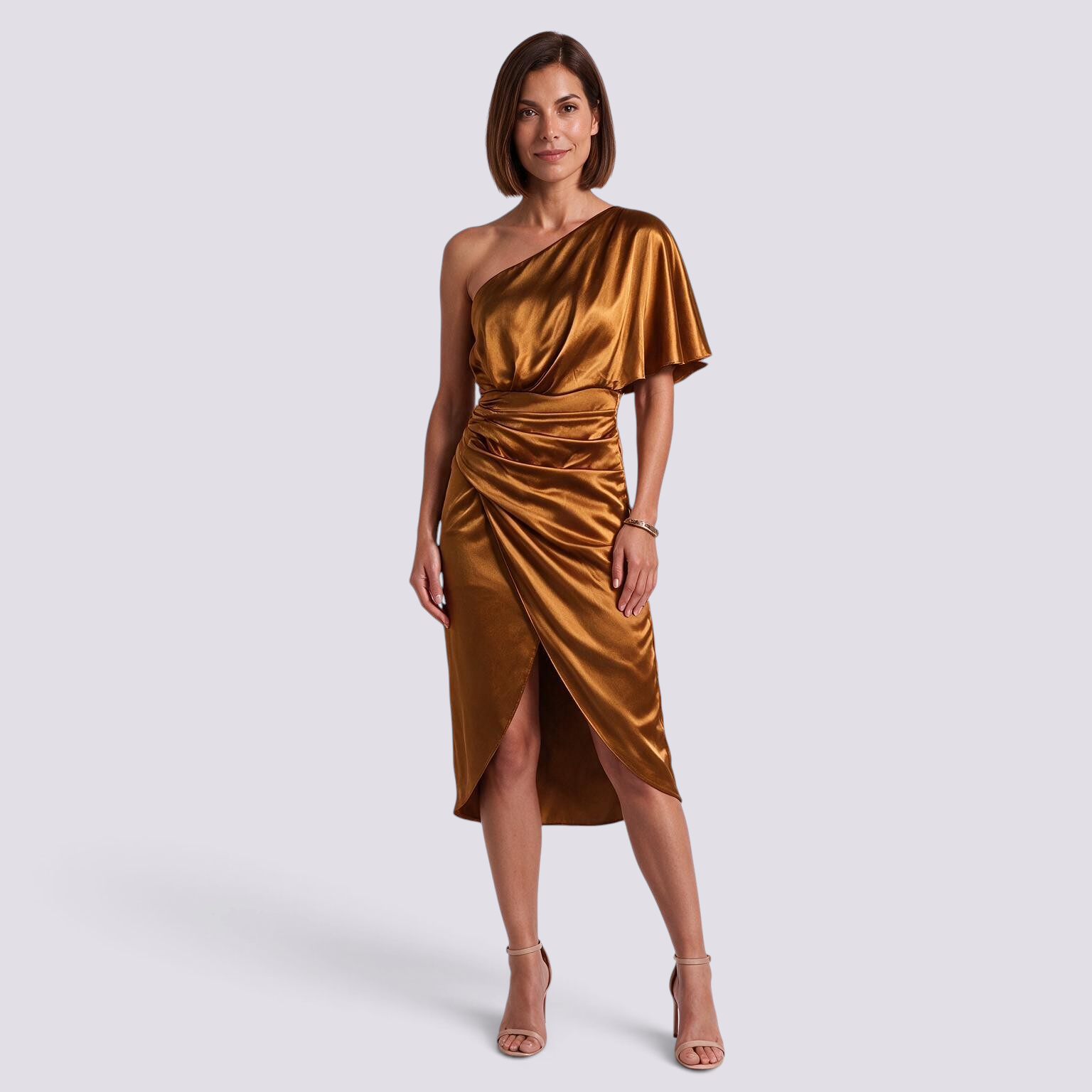 Essyro bronze satin one-shoulder midi party dress with an asymmetrical draped skirt on a model