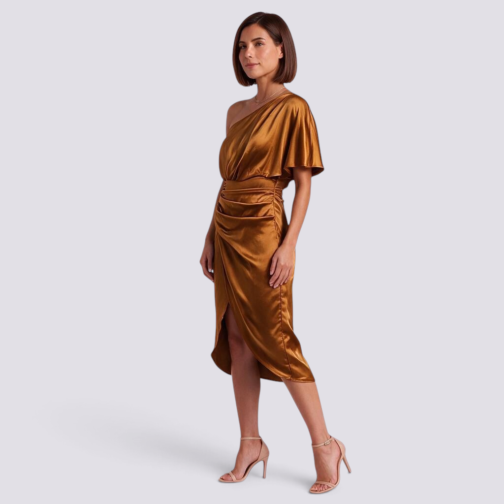 Essyro one-shoulder bronze satin party dress with asymmetrical hem and ruched waist on a model