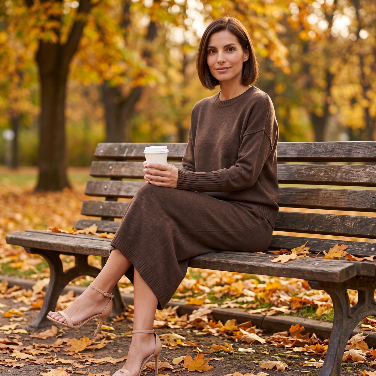 Woman wearing an Essyro brown knit sweater and midi skirt set, sitting on a park bench with a coffee cup in autumn.
