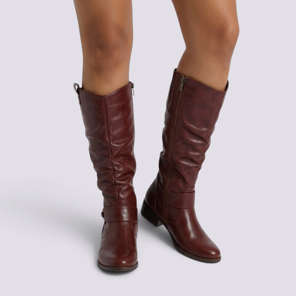 Essyro knee-high slouch boots in dark brown smooth finish with low block heel and decorative ankle strap