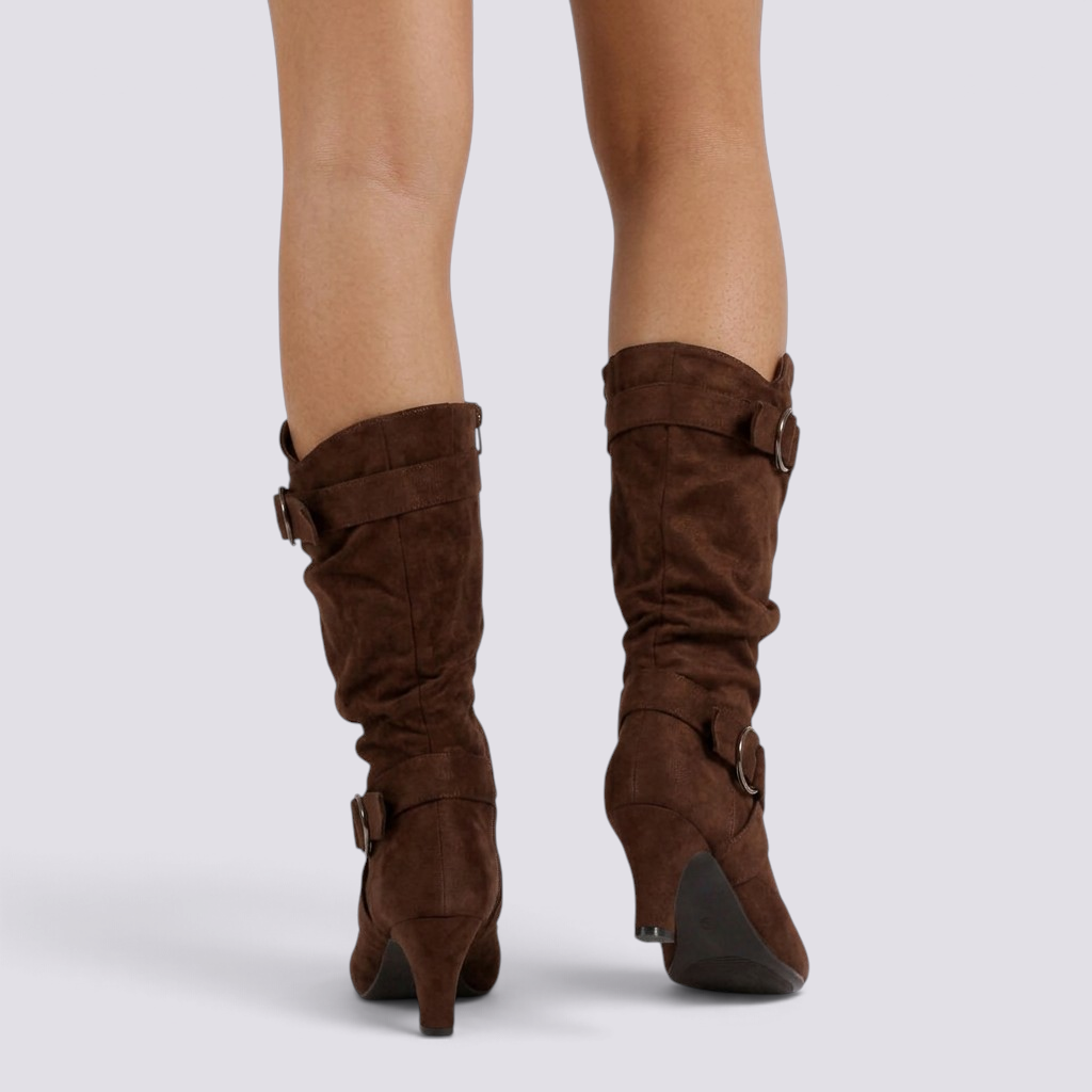 Essyro brown slouch boots with mid-heel, buckle straps, and soft suede-effect finish, viewed from the back.
