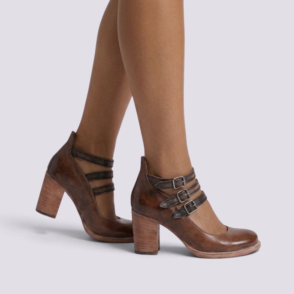 Essyro brown snake-effect leather block heel shoes with triple ankle buckles and round toe