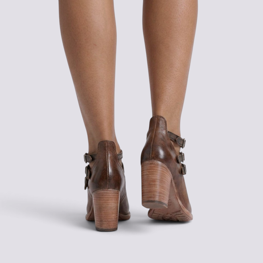 Essyro brown snake-effect leather block heel shoes with triple adjustable ankle buckles, back view
