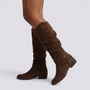 Essyro brown suede knee-high boots with a side zipper, buckle detail, and a comfortable square heel.