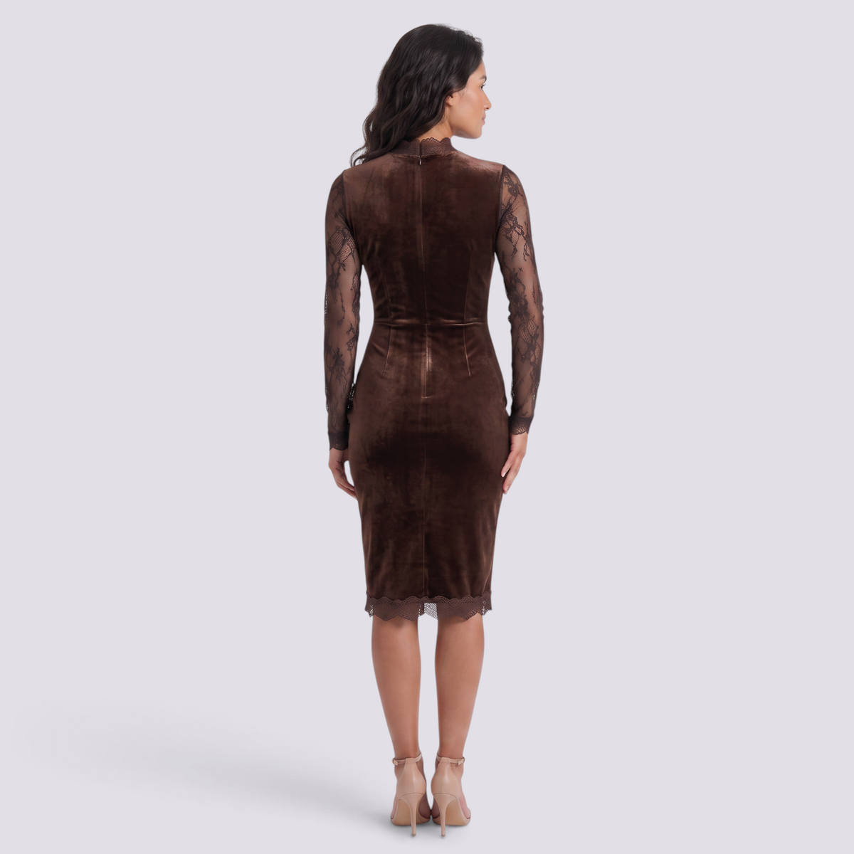 Back view of an Essyro brown velvet midi sheath dress with long lace sleeves and scalloped lace hem on a model