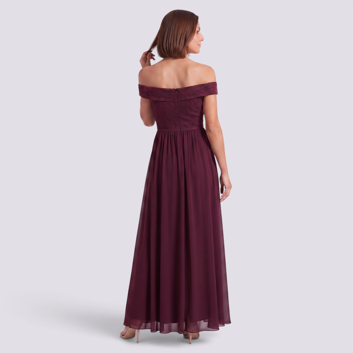 Essyro burgundy floor-length evening gown with an off-the-shoulder bardot neckline and lace bodice back view