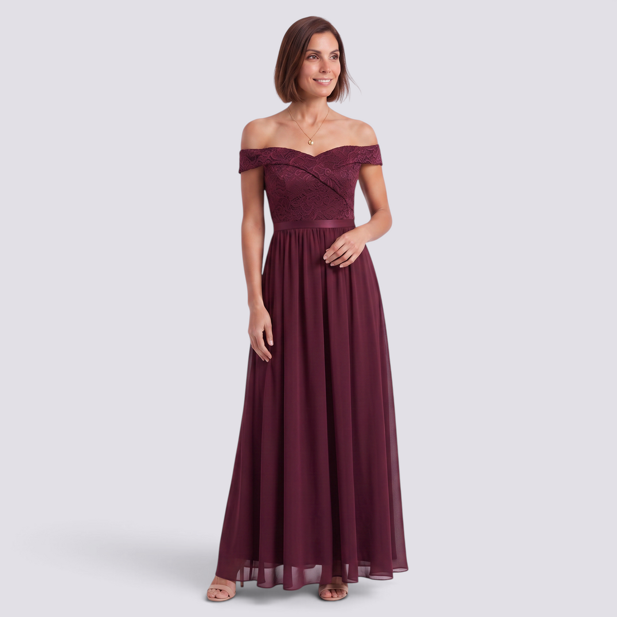 Essyro burgundy floor-length formal dress with bardot neckline, lace bodice, and flowing A-line chiffon skirt.