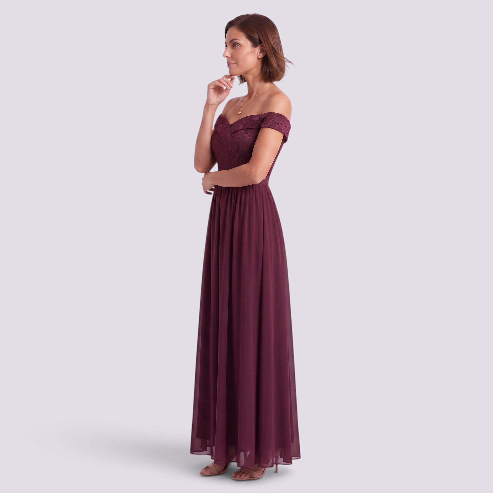 Essyro elegant burgundy floor-length gown with a bardot neckline, lace bodice, and flowing A-line chiffon skirt.