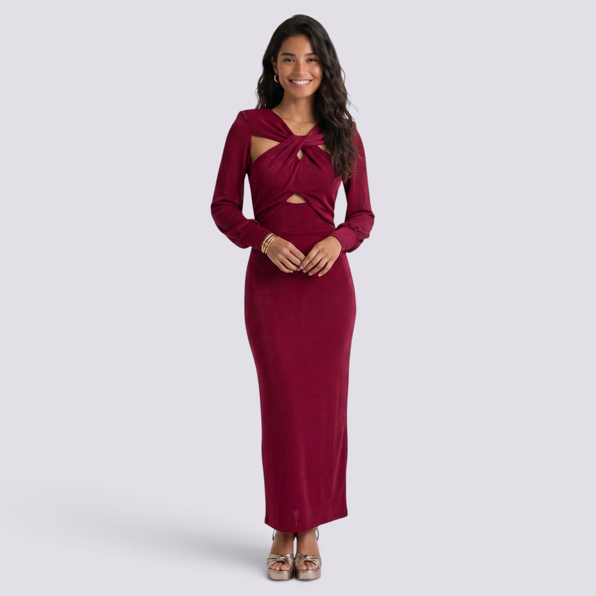 Essyro long-sleeve slim-fit midi dress in burgundy with a cutout knot detail at the waist worn by a smiling model