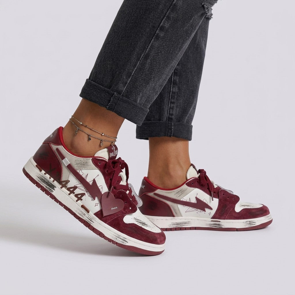 Essyro women's vintage-style skate sneakers in burgundy and white with distressed finish and heart lace charm