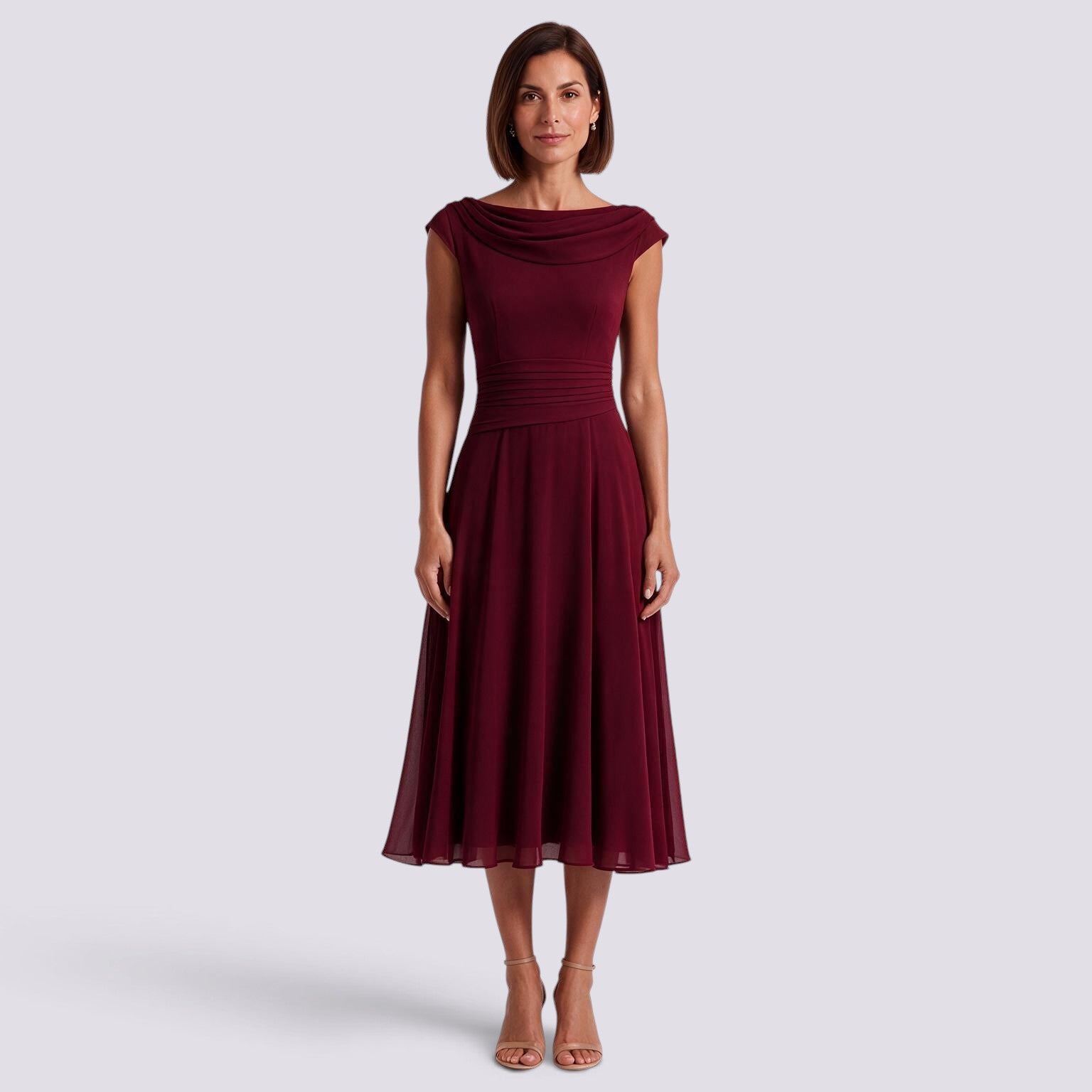 Essyro burgundy midi party dress with a draped boat neckline, cinched waist, and flowy A-line skirt on a model.