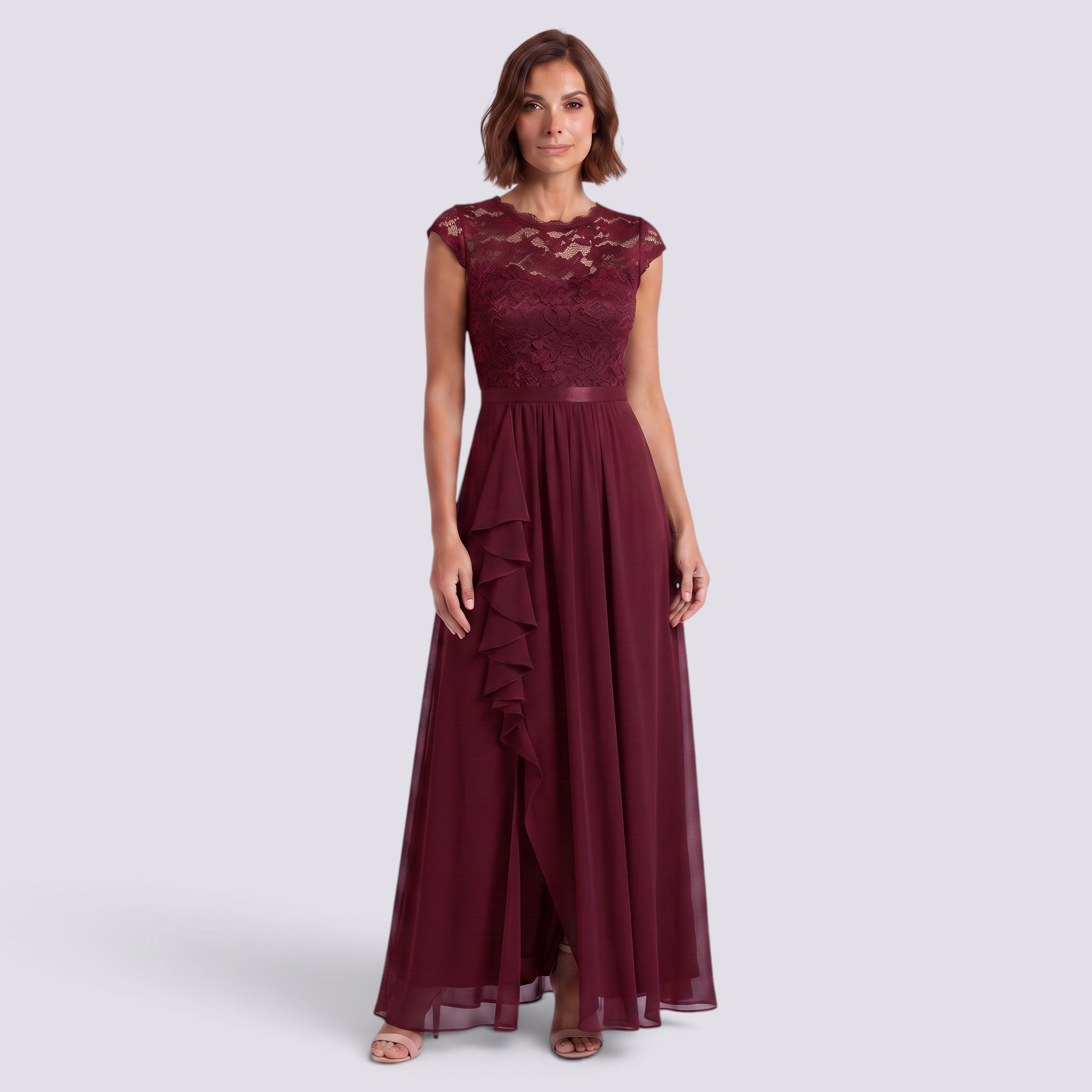 Essyro burgundy lace maxi dress with high waist, A-line skirt, and ruffled detail worn by a woman