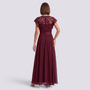 Essyro burgundy A-line maxi dress with delicate lace bodice, short flutter sleeves, and high waist back view